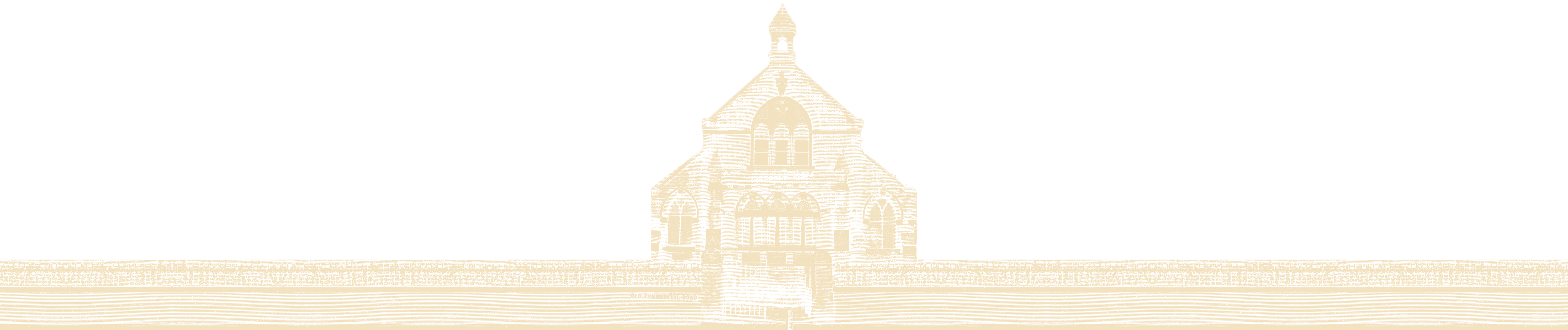 An engraving of the masjid: the 1884 chapel on Old Commercial Road with its bell turret, rose window and gated front wall